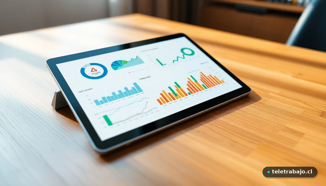 Visualización abstracta de datos de crecimiento del empleo industrial en una tableta moderna.