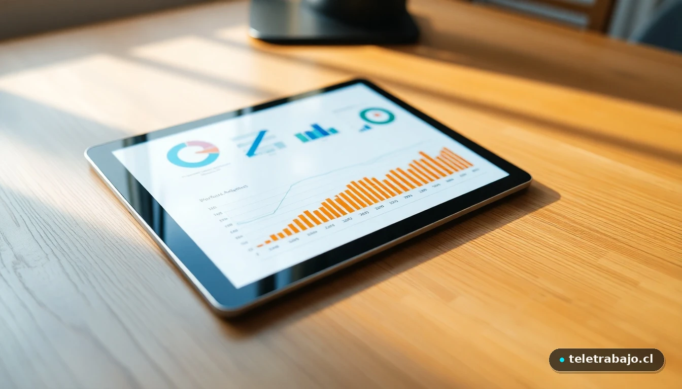 Visualización abstracta de datos de absentismo laboral en una tableta sobre escritorio de madera