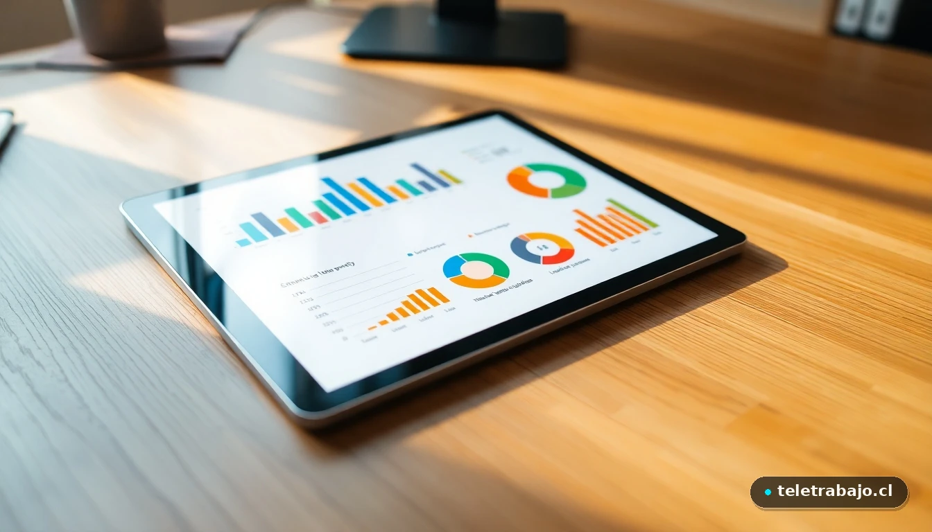 Visualización abstracta de datos estadísticos sobre acoso laboral en una tableta moderna.