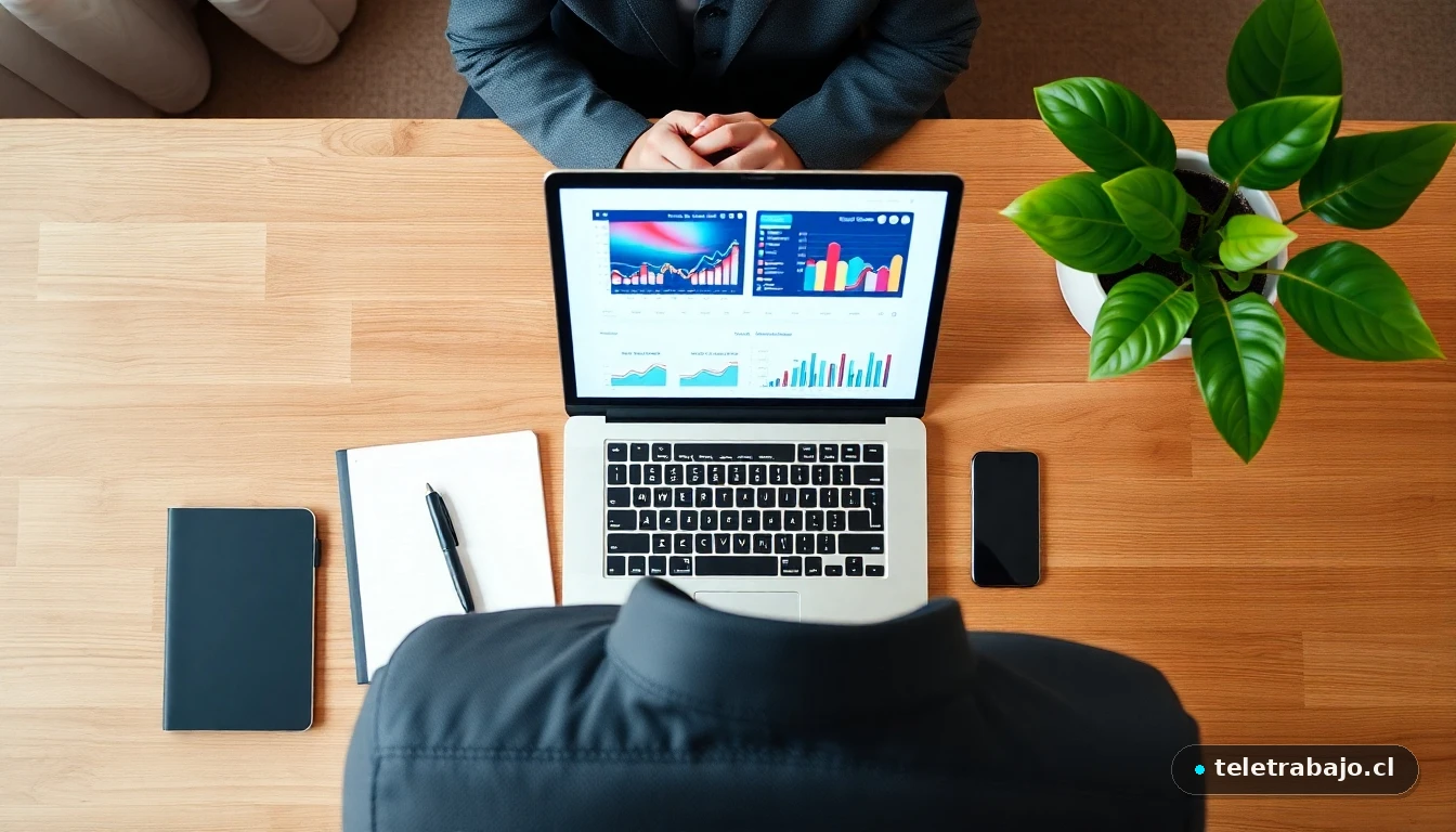 Escritorio moderno de teletrabajo en 2026 con gráficos de datos abstractos en pantalla, vista cenital.