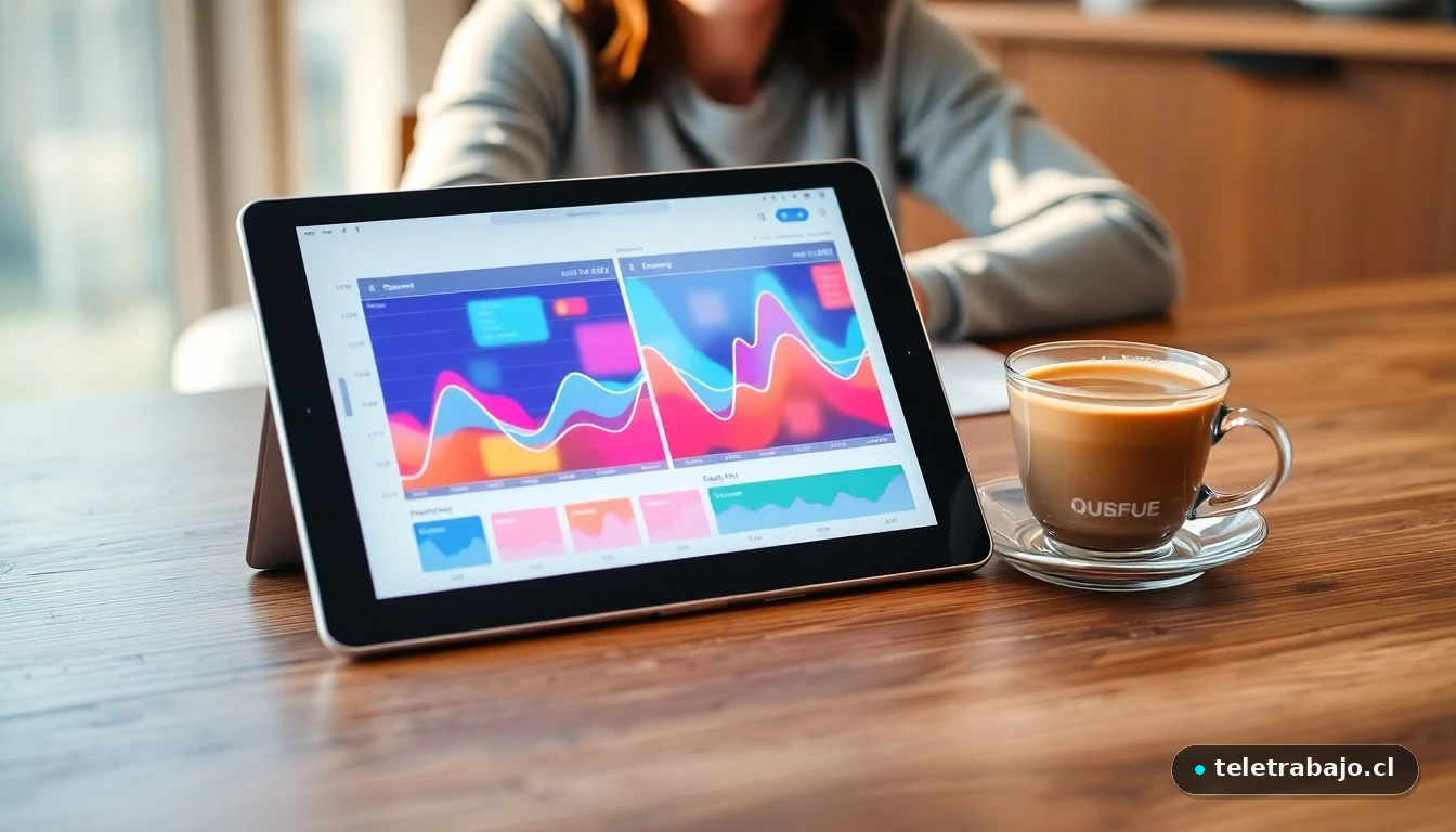 Gráficos abstractos de colores mostrando datos de productividad y ciclos de sueño en una tableta, concepto de análisis de rendimiento laboral.
