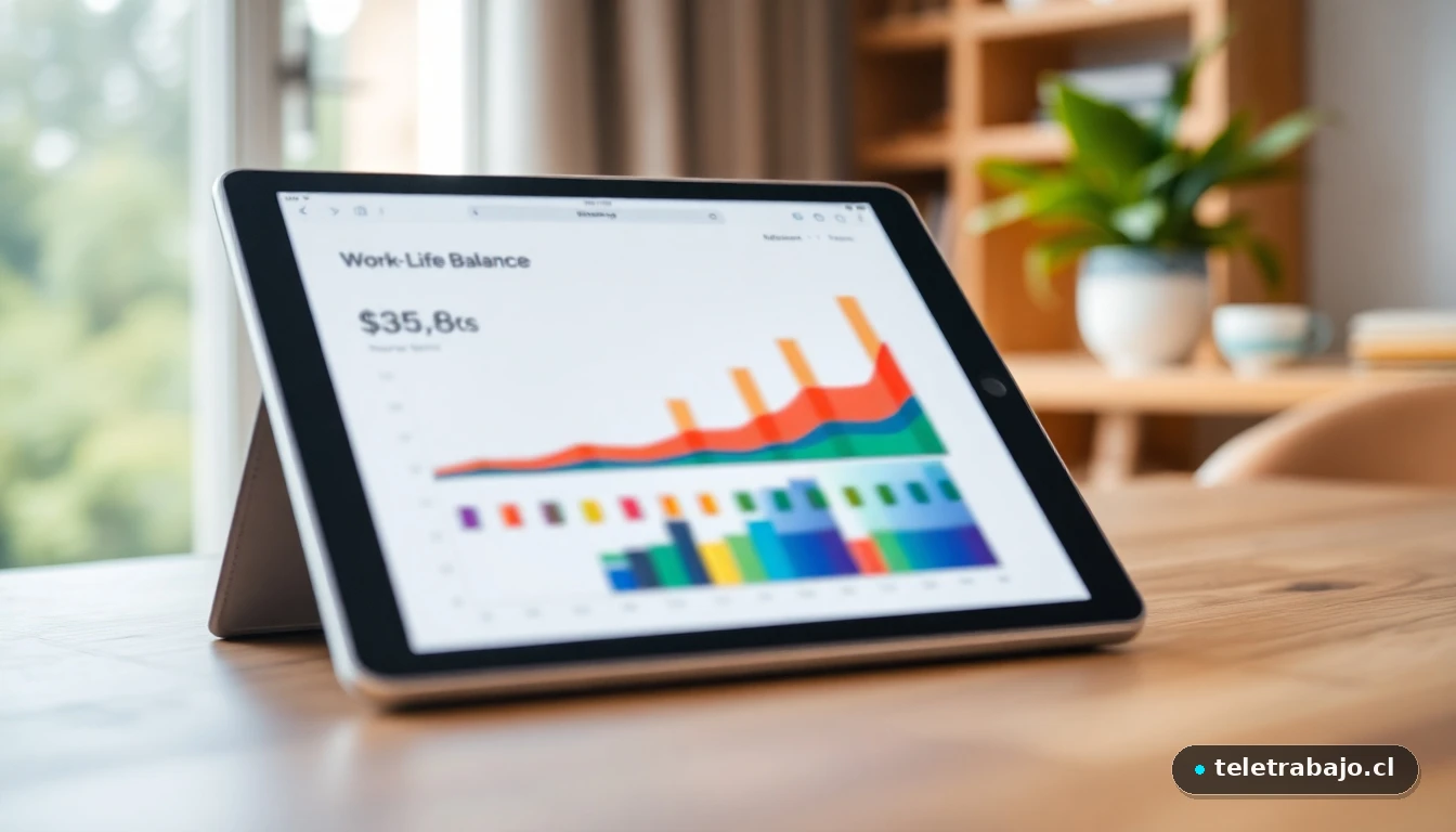 Gráfico abstracto de colores mostrando el equilibrio entre vida y trabajo en una tablet sobre un escritorio moderno.