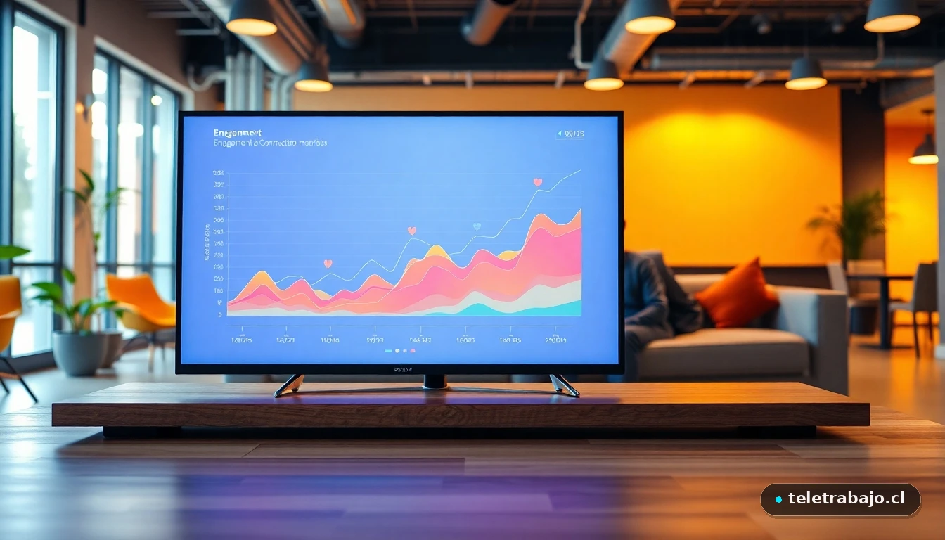 Espacio moderno de afterwork con pantalla mostrando gráficos de conexión y productividad del equipo