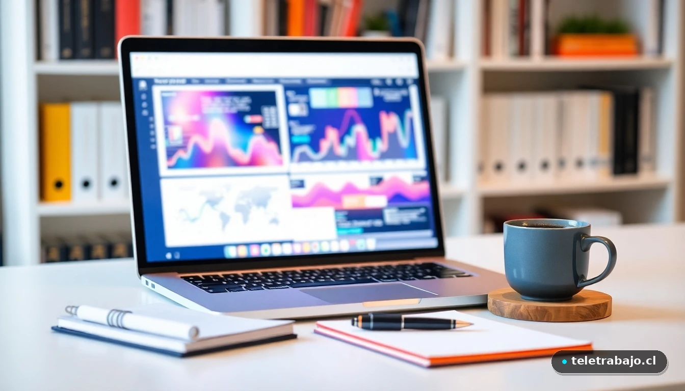 Escritorio moderno de teletrabajo para un asesor de viajes, con herramientas digitales en pantalla.