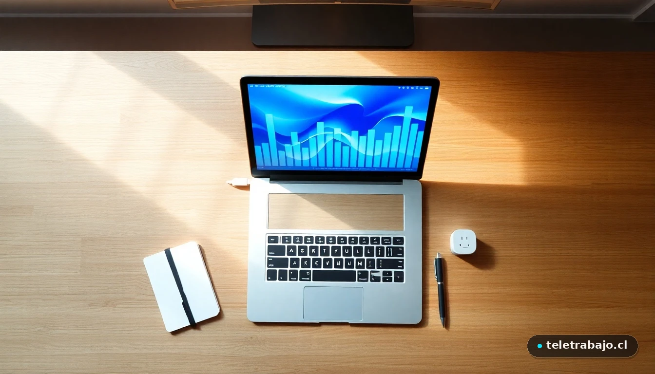 Vista aérea de un escritorio de teletrabajo moderno con un portátil mostrando un gráfico de consumo energético abstracto y colorido.