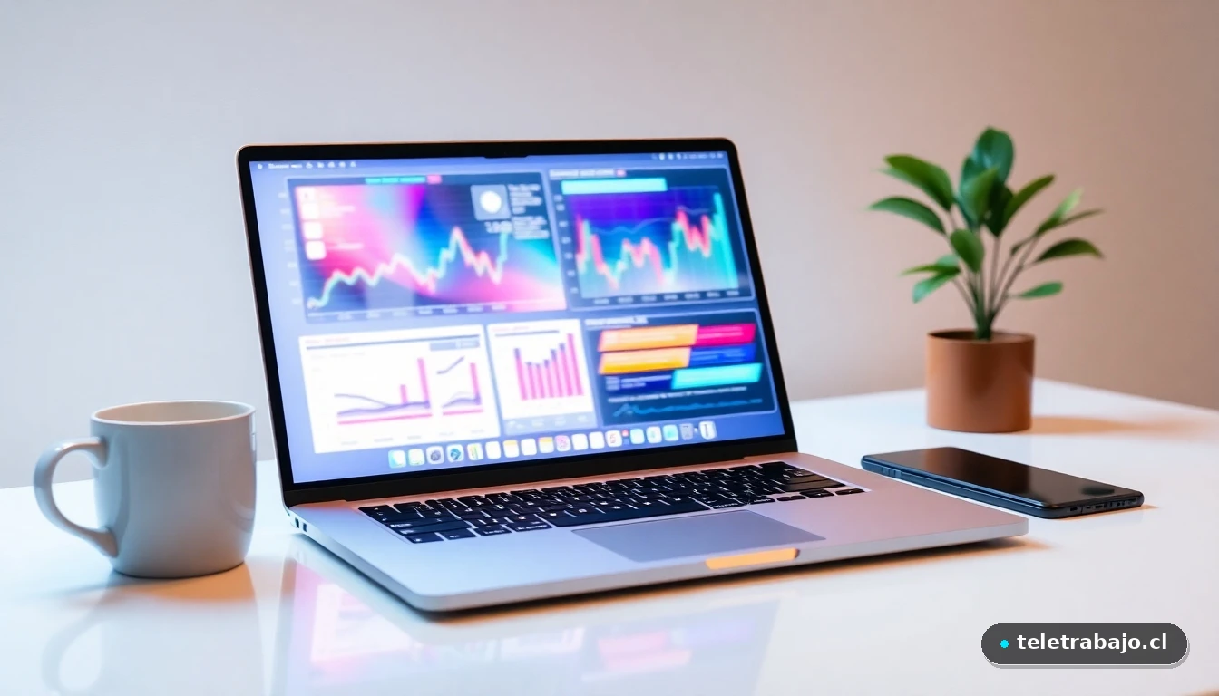 Escritorio moderno con gráficos abstractos de gestión para autónomos, mostrando planificación de altas y bajas.