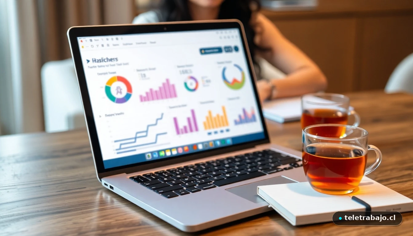 Laptop mostrando gráficos de seguimiento nutricional en un escritorio moderno para asesoría online.