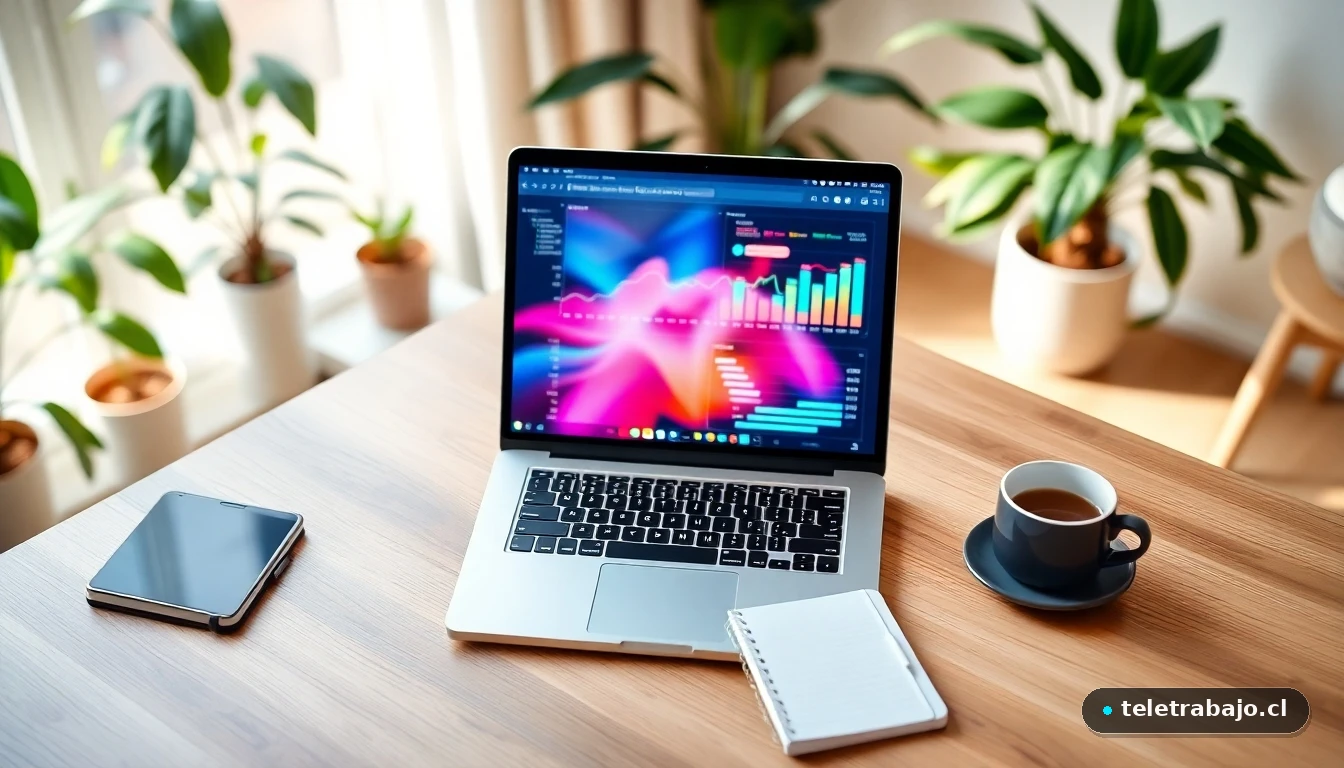 Escritorio moderno de teletrabajo con laptop mostrando gráficos de datos, representando el trabajo de un asistente virtual remoto.