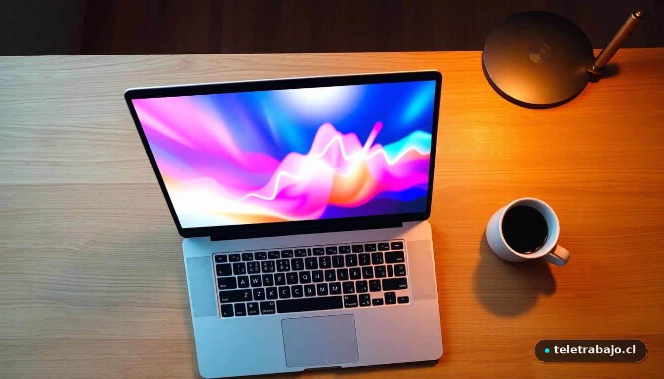 Vista aérea de un portátil mostrando una bandeja de entrada de email abstracta y colorida, sobre una mesa de madera.