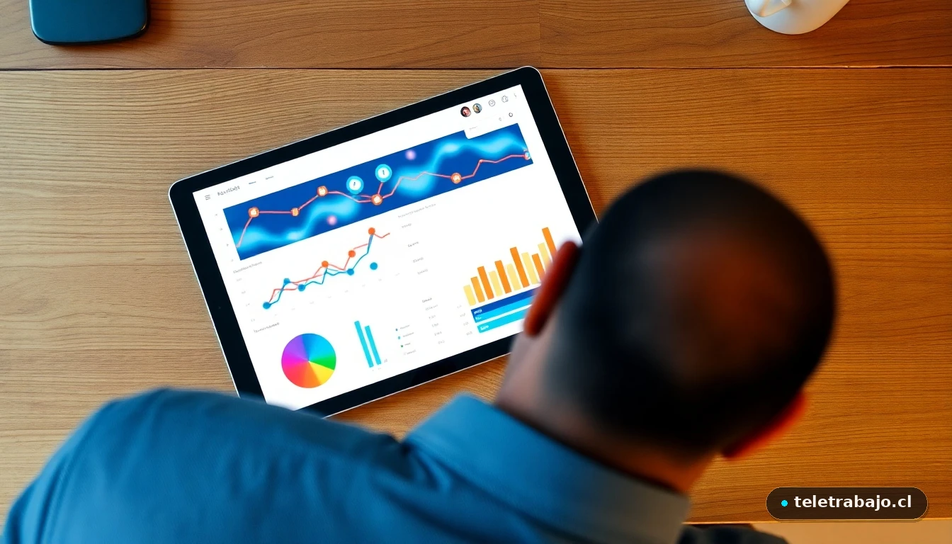 Dashboard moderno con gráficos de datos abstractos sobre gestión de atención al cliente remota en una tableta.