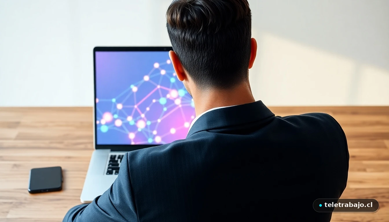 Profesional hispano analizando un gráfico de red de contactos profesionales en su portátil, estrategia para atraer headhunters.