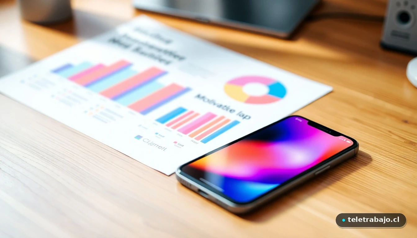 Infografía abstracta con gráficos de colores sobre las motivaciones laborales de los jóvenes en una mesa de trabajo moderna.