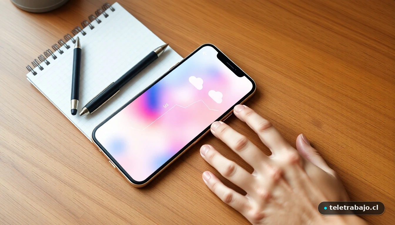 Smartphone mostrando gráficos abstractos de alerta meteorológica sobre un escritorio de madera.
