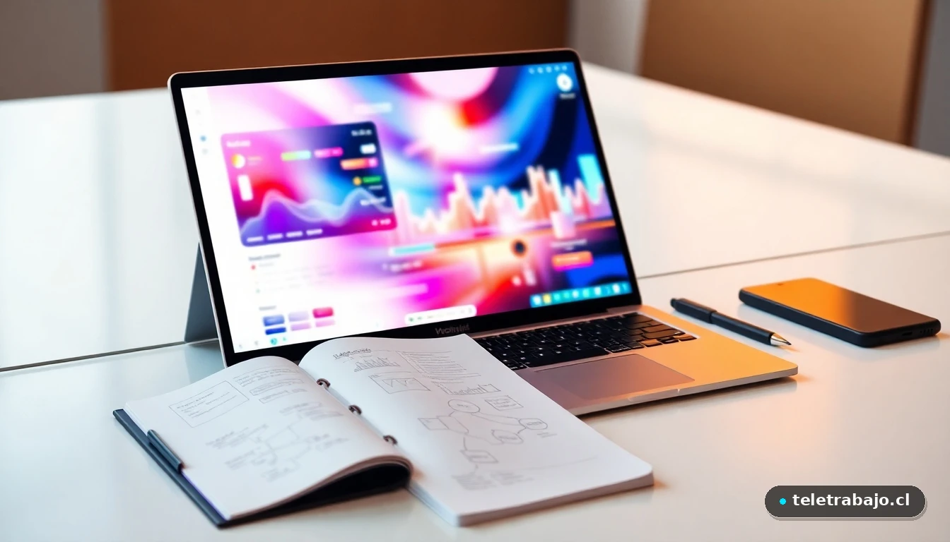 Escritorio moderno con laptop mostrando gráficos de crecimiento personal y un cuaderno con mapas mentales para el autoliderazgo.