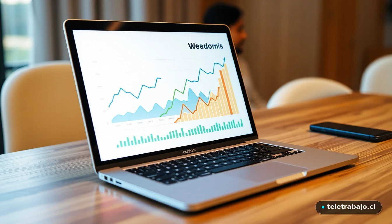 Visualización abstracta de datos de crecimiento académico e internacionalización en una pantalla de portátil.