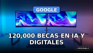 Una beca de Google para formación en inteligencia artificial y habilidades digitales representada por un espacio de trabajo tecnológico moderno.