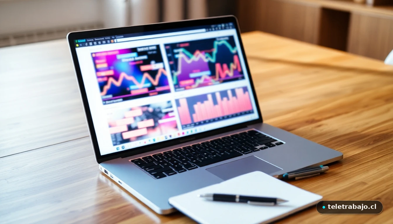 Laptop mostrando gráficos de datos abstractos en un escritorio, representando el aprendizaje de habilidades digitales.