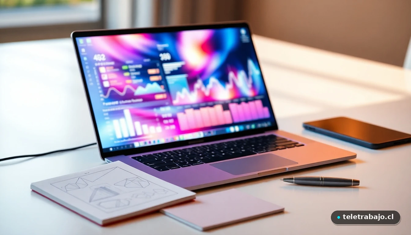 Escritorio moderno con laptop mostrando gráficos de datos abstractos, representando el aprendizaje en tecnología y ciencia.