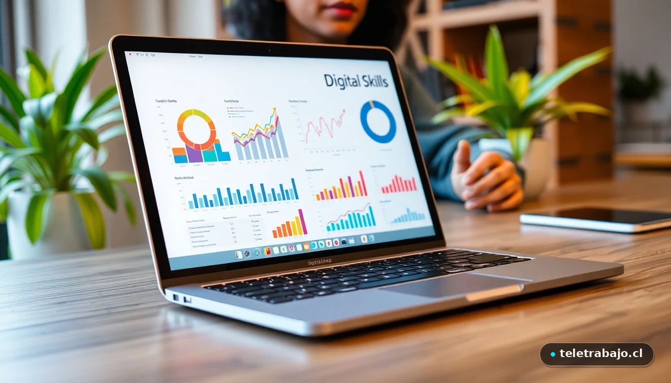 Laptop mostrando gráficos de habilidades digitales en un escritorio moderno para representar las Becas Talento Digital.