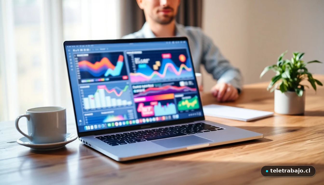 Oficina en casa moderna y minimalista con gráficos de datos abstractos en la pantalla del portátil, representando la productividad del teletrabajo.