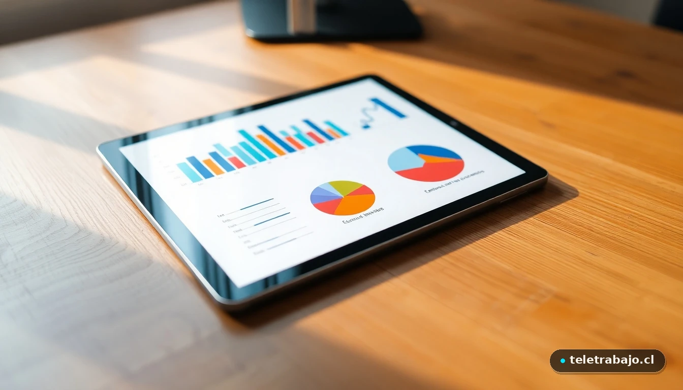 Gráficos abstractos de colores mostrando estadísticas de desigualdad salarial en una tableta moderna.