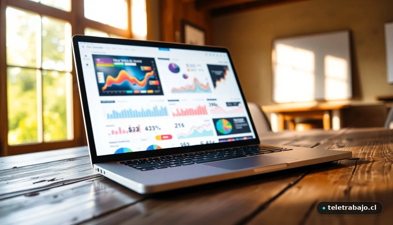 Portátil mostrando gráficos abstractos de tendencias del mercado laboral en un ambiente de verano luminoso.