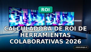 Calculadora de ROI de herramientas colaborativas en una oficina moderna con pantallas mostrando gráficos abstractos.