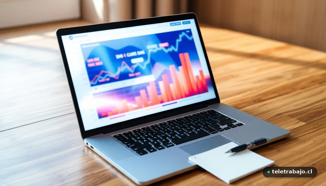 Laptop mostrando gráficos abstractos de análisis de productividad en un escritorio de madera