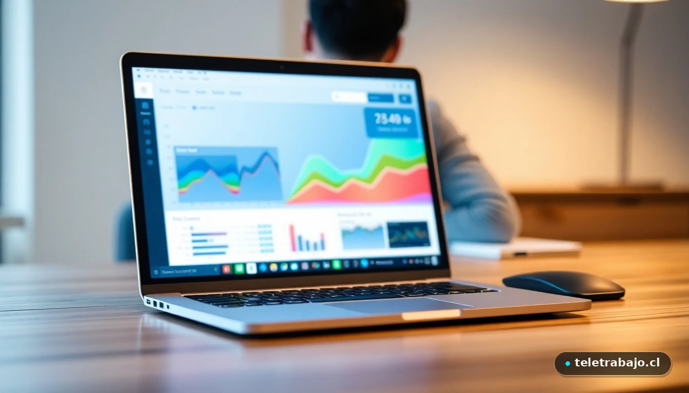 Laptop mostrando un dashboard financiero abstracto para calcular finiquito en una oficina moderna.