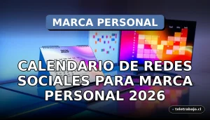 Calendario de redes sociales 2026 para marca personal sobre escritorio moderno, mostrando gráficos abstractos en pantallas.