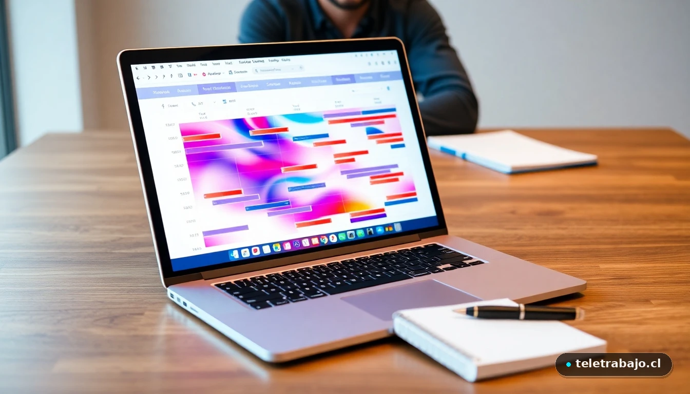 Vista aérea de un escritorio moderno con un calendario de contenido digital en pantalla y gráficos de análisis de redes sociales.