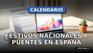 Calendario de escritorio 2026 abierto en el mes de diciembre, mostrando días festivos marcados en rojo, junto a un portátil y una taza de café en una oficina moderna.