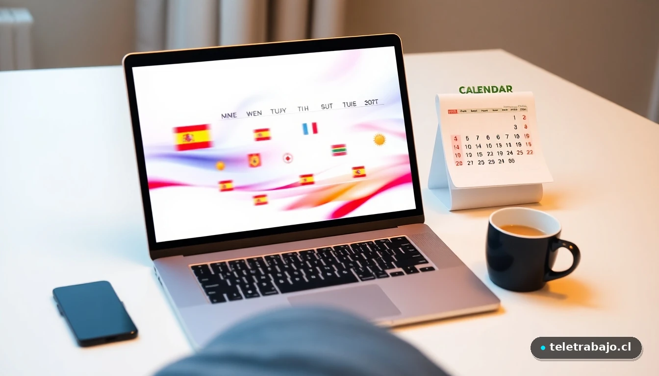 Calendario de escritorio 2026 con días festivos de España marcados en colores vibrantes