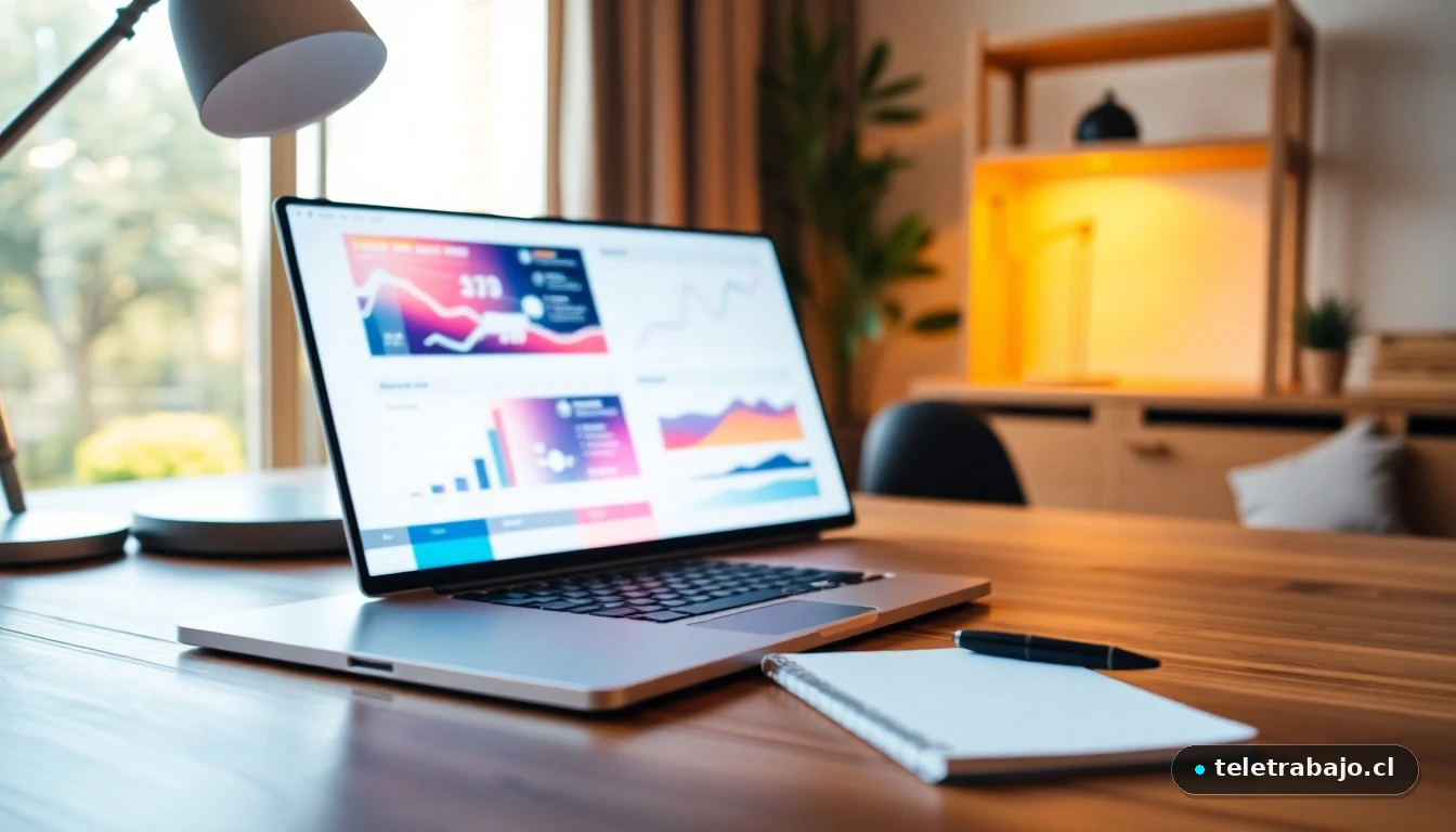 Persona analizando gráficos de carrera profesional en laptop sobre escritorio moderno de home office.