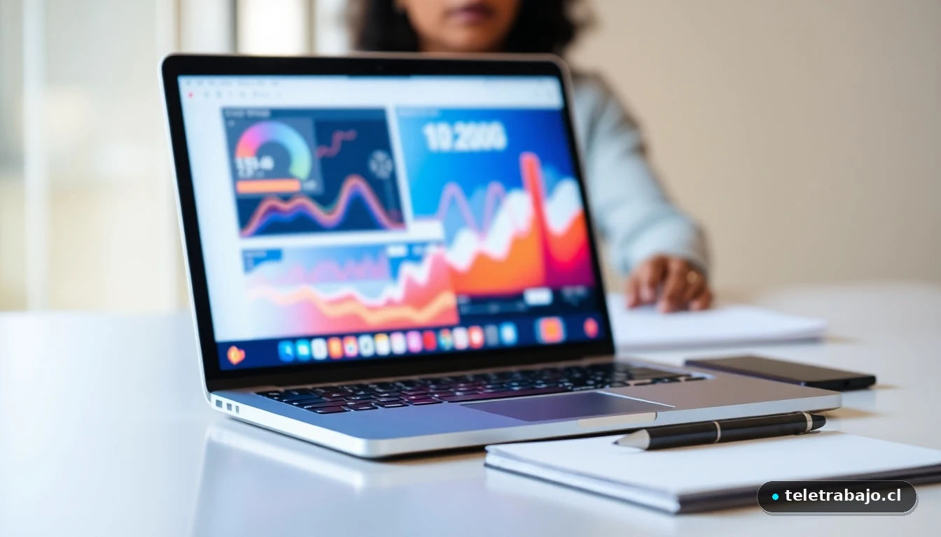 Escritorio moderno con análisis de datos sobre satisfacción laboral y cambio de carrera profesional.