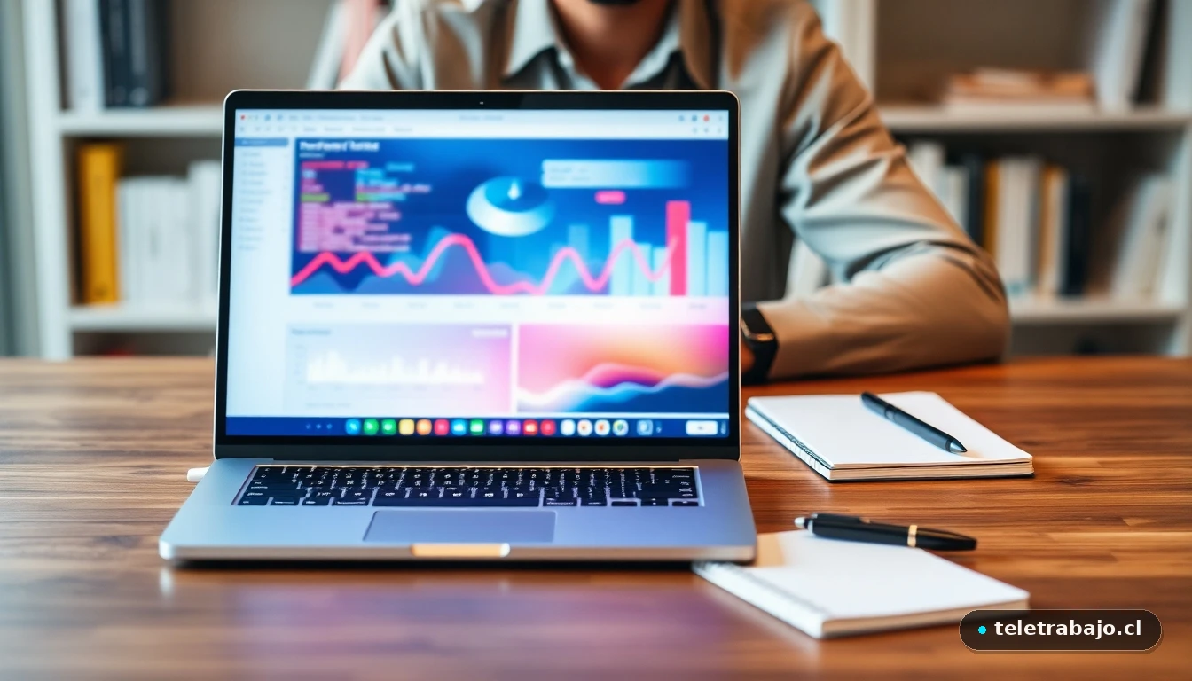Profesional hispano analizando gráficos de tendencias laborales en un portátil sobre un escritorio moderno