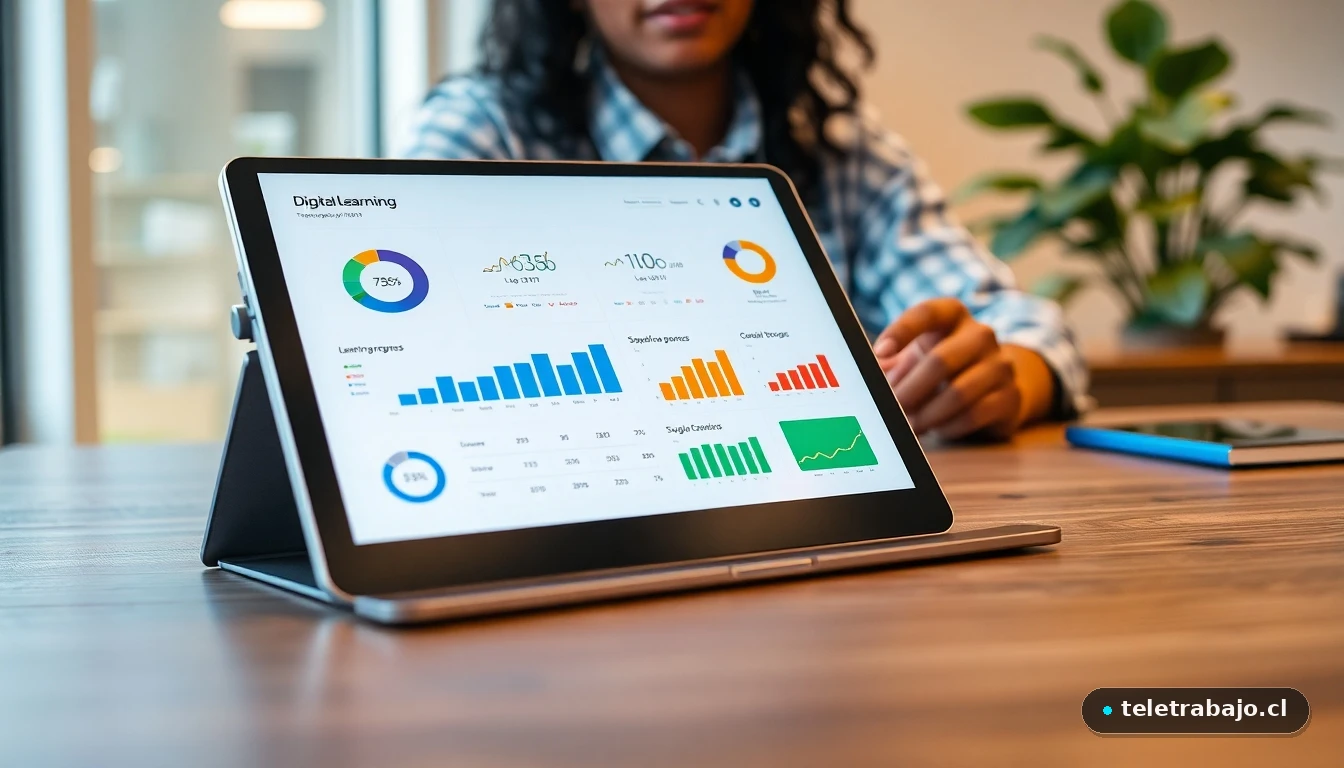 Tableta mostrando un panel de control colorido de un curso de formación digital en línea.