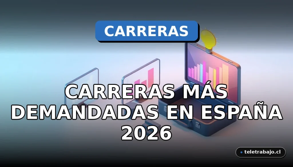 Ilustración 3D isométrica de elementos corporativos abstractos que representan las carreras más demandadas en España para 2026, con gráficos de colores y símbolos de crecimiento profesional.