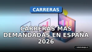 Ilustración 3D isométrica de elementos corporativos abstractos que representan las carreras más demandadas en España para 2026, con gráficos de colores y símbolos de crecimiento profesional.