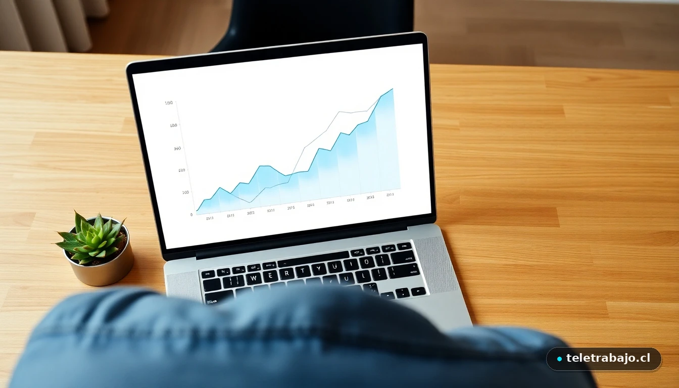 Representación visual de un chat seller impulsando ventas con gráficos de crecimiento en un entorno de teletrabajo moderno.