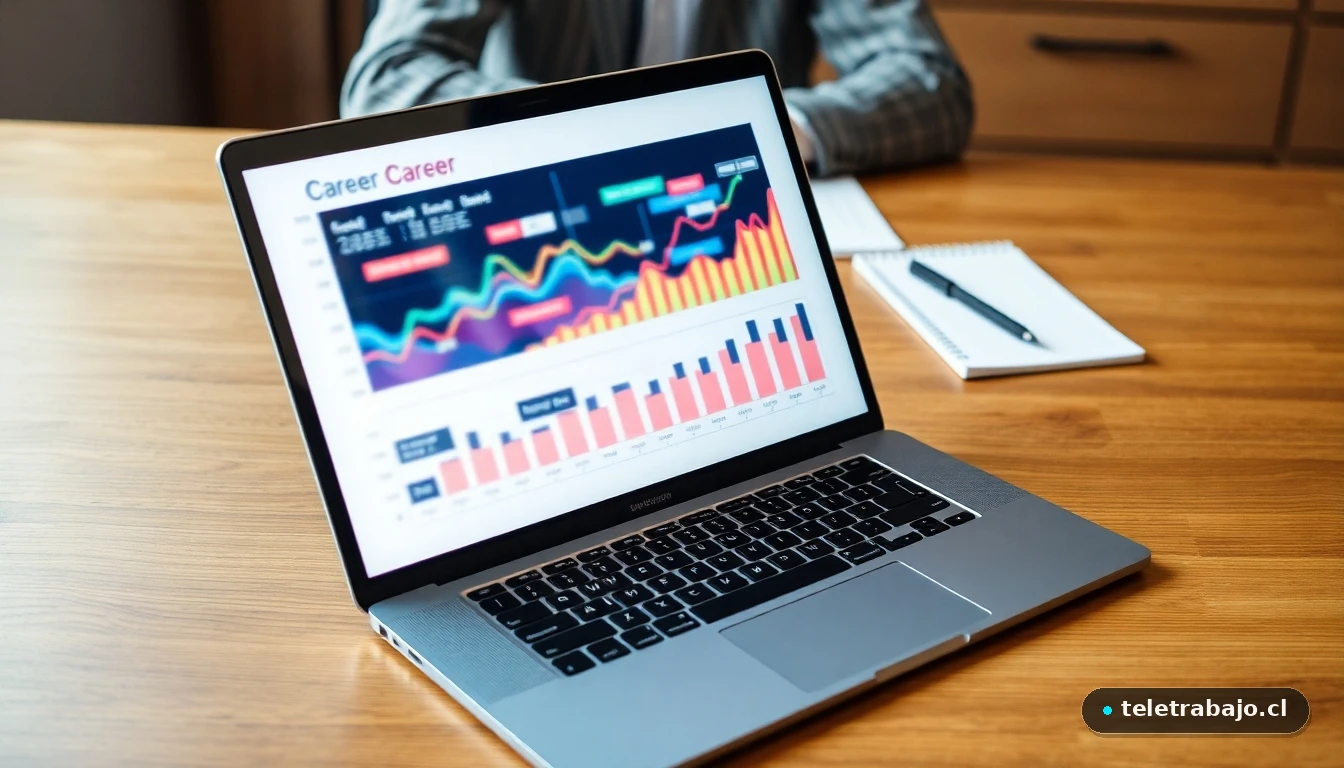 Laptop mostrando gráficos de crecimiento profesional en un escritorio moderno, listo para la planificación de carrera.