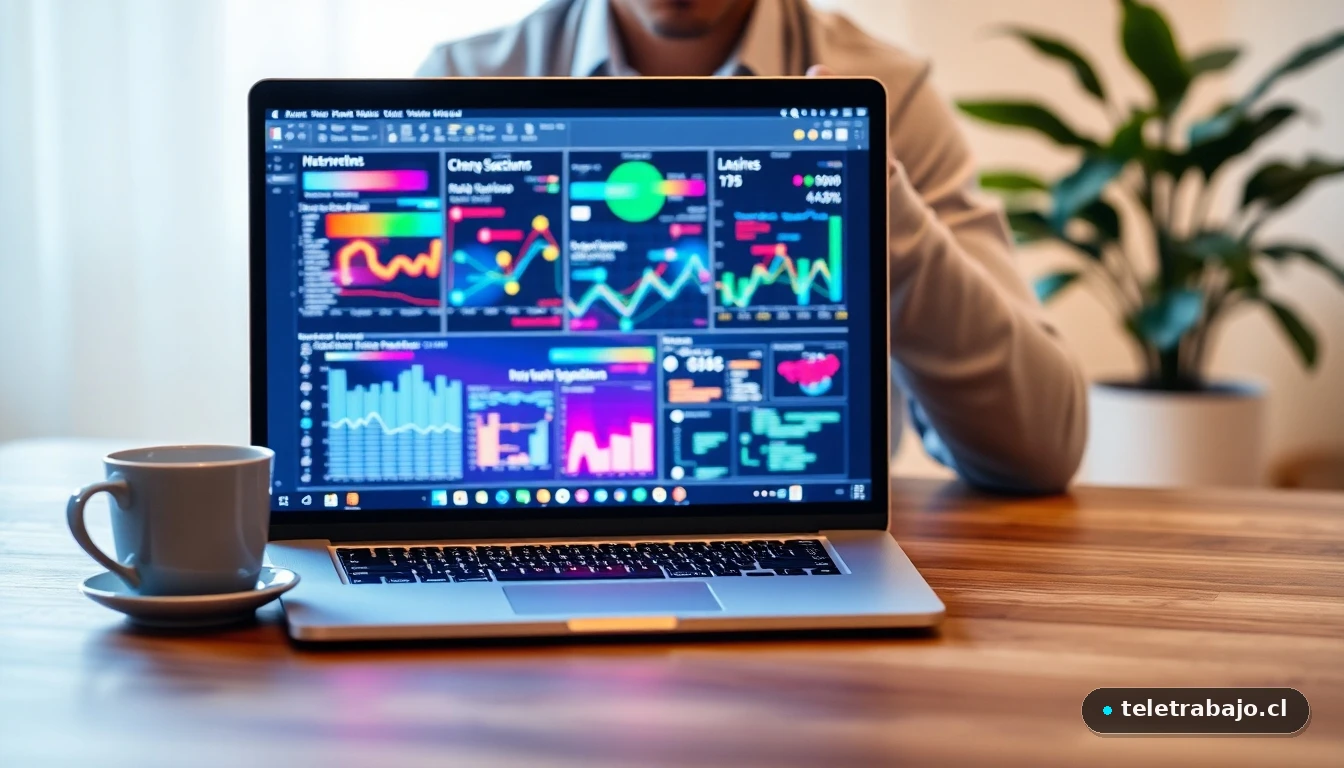 Escritorio moderno de teletrabajo en 2026 con visualizaciones abstractas de seguridad de red en la pantalla del portátil.