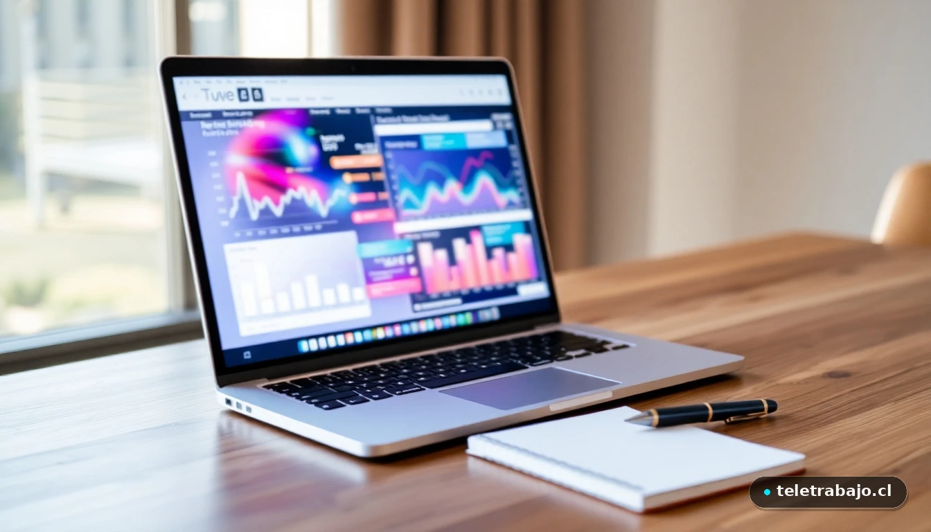 Laptop mostrando gráficos de análisis de datos en un escritorio moderno, representando la consultoría estratégica.