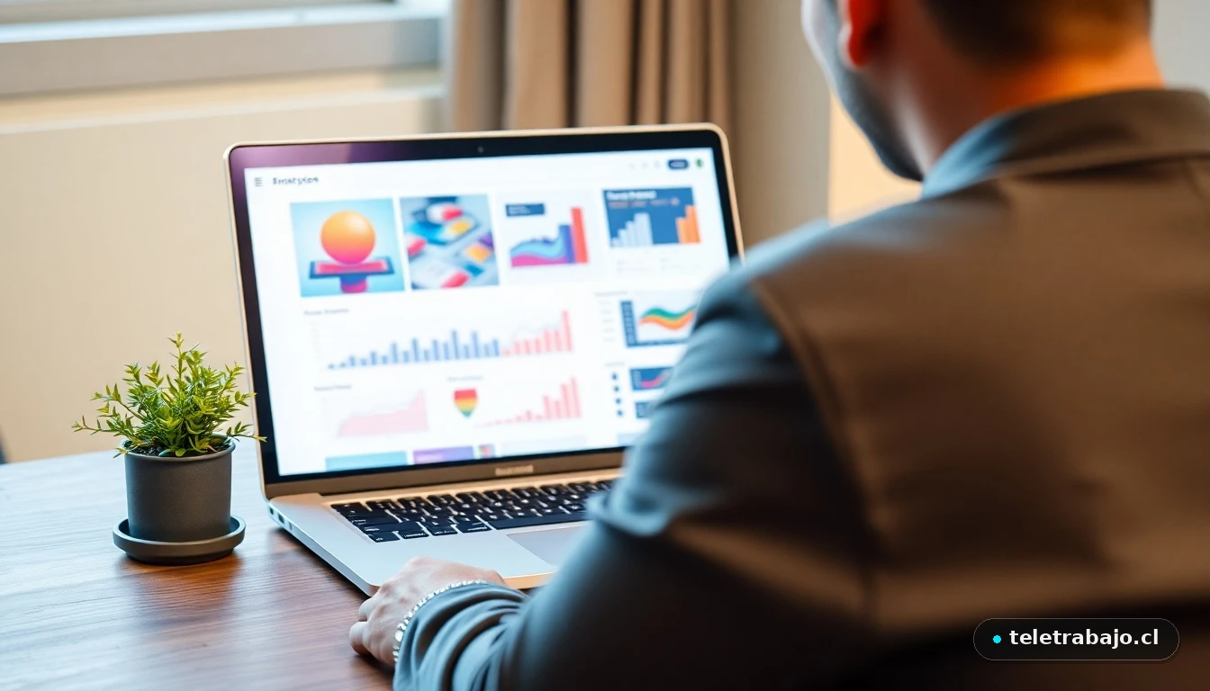 Espacio de trabajo moderno en 2026 con análisis visual de datos de satisfacción laboral en pantalla