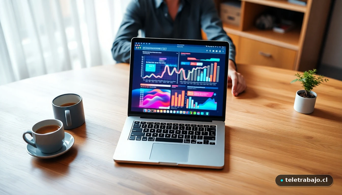 Escritorio moderno de teletrabajo en 2026 con visualización de datos abstractos en pantalla, representando productividad y bienestar laboral.