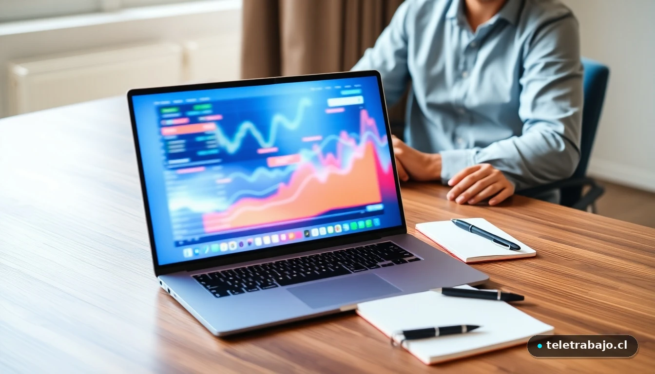 Persona aplicando la estrategia de productividad comerse la rana en un entorno de trabajo moderno, viendo gráficos de datos abstractos.