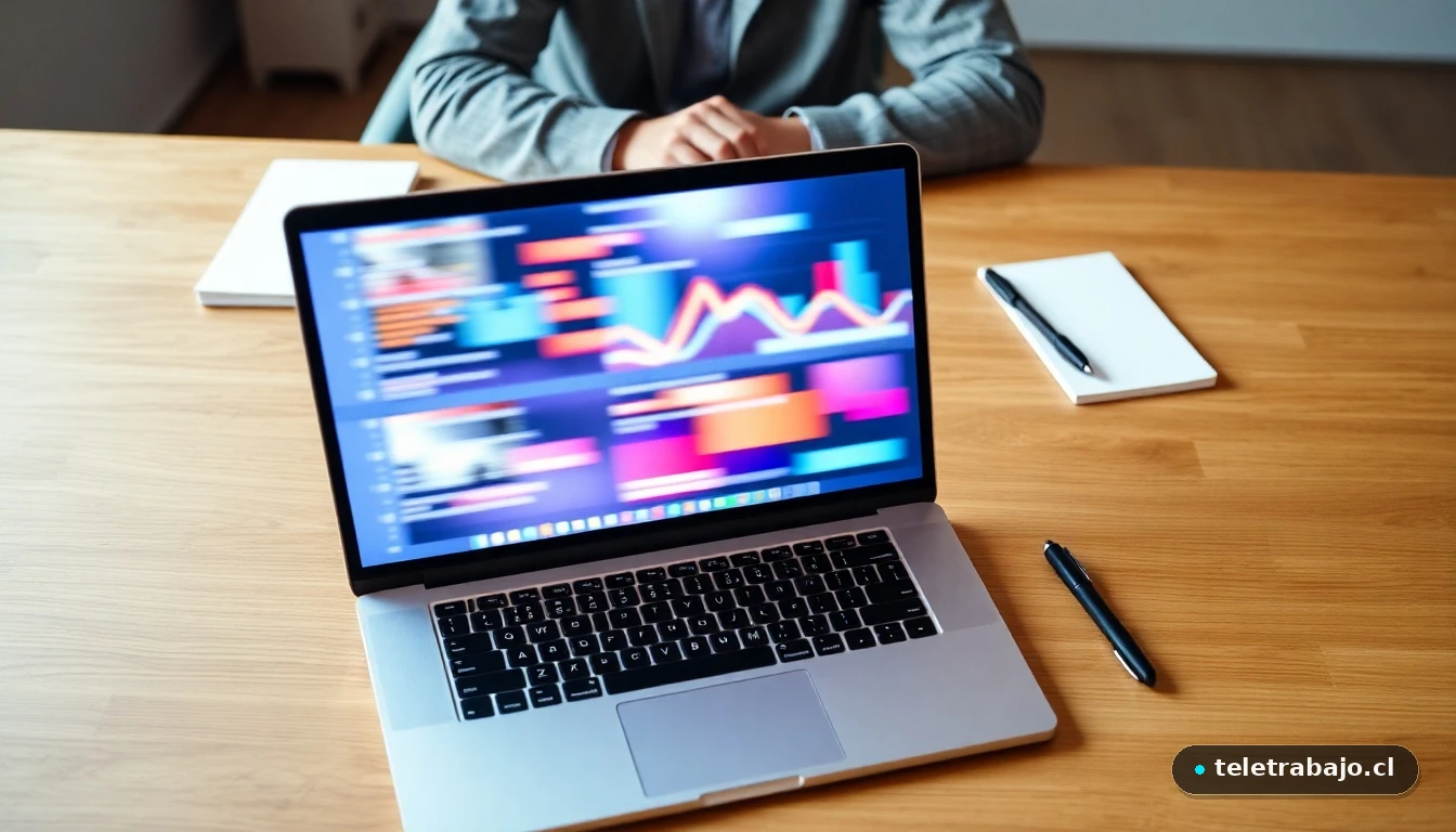 Persona trabajando en un entorno profesional moderno, con gráficos de datos abstractos en la pantalla del portátil.