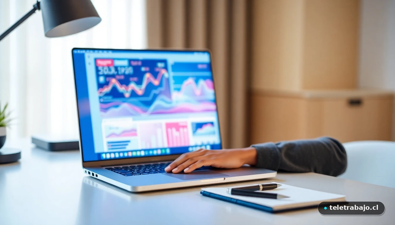 Escritorio moderno con laptop mostrando gráficos abstractos, representando el análisis de un caso de acoso laboral.