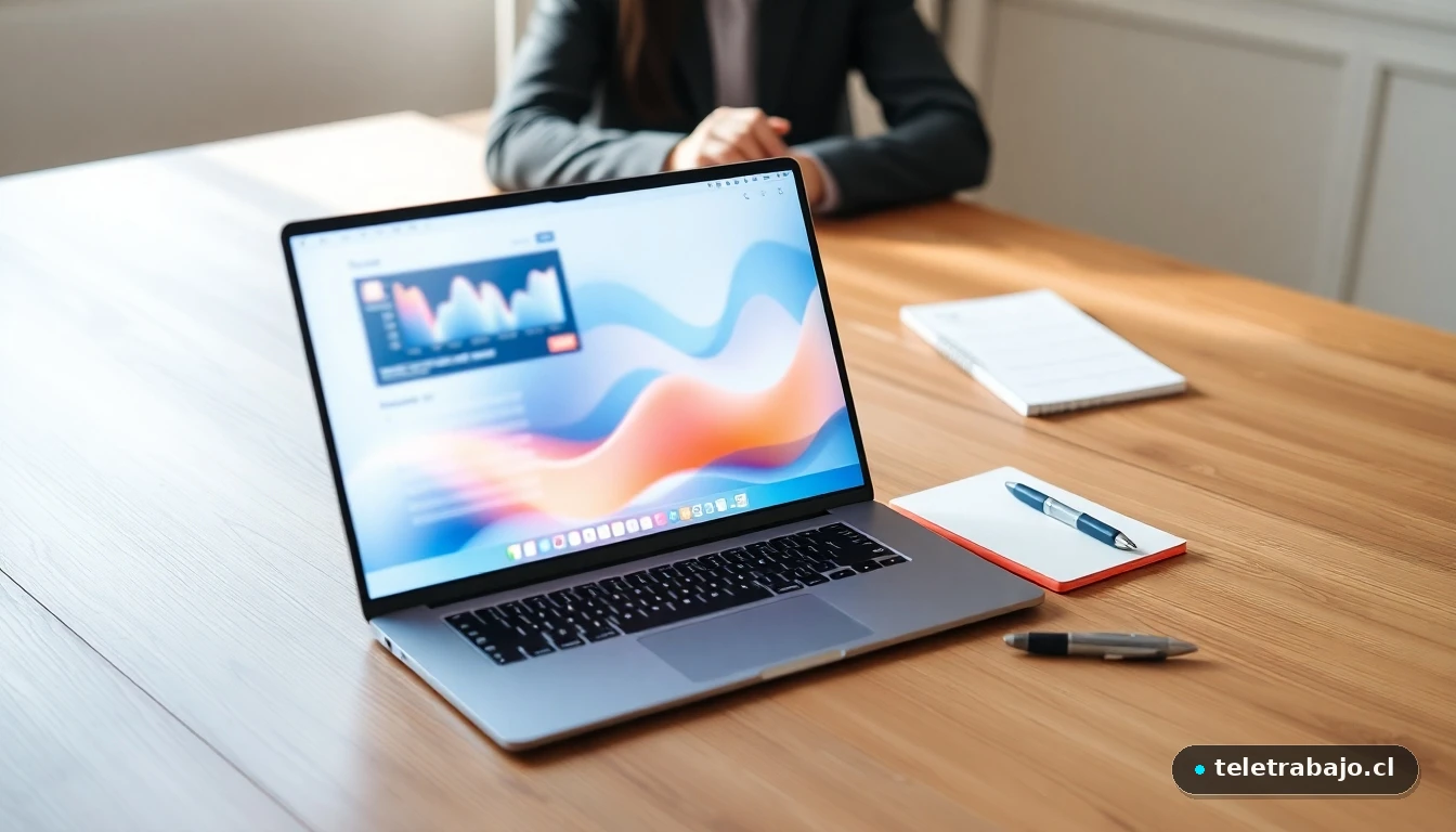 Persona evaluando una oferta de trabajo en una laptop mostrando gráficos de datos abstractos y coloridos en un escritorio moderno.