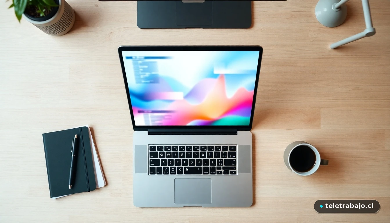 Espacio de trabajo minimalista con laptop mostrando gráficos abstractos de colores, representando la gestión del estrés laboral.